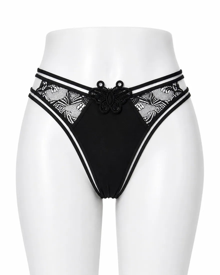 Butterfly Lace Applique Thong in Black, front view