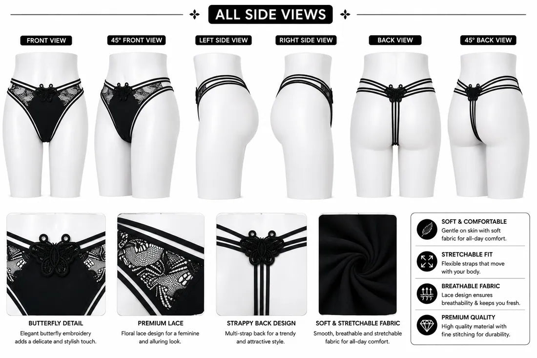 Butterfly Lace Applique Thong in Black, photo 2