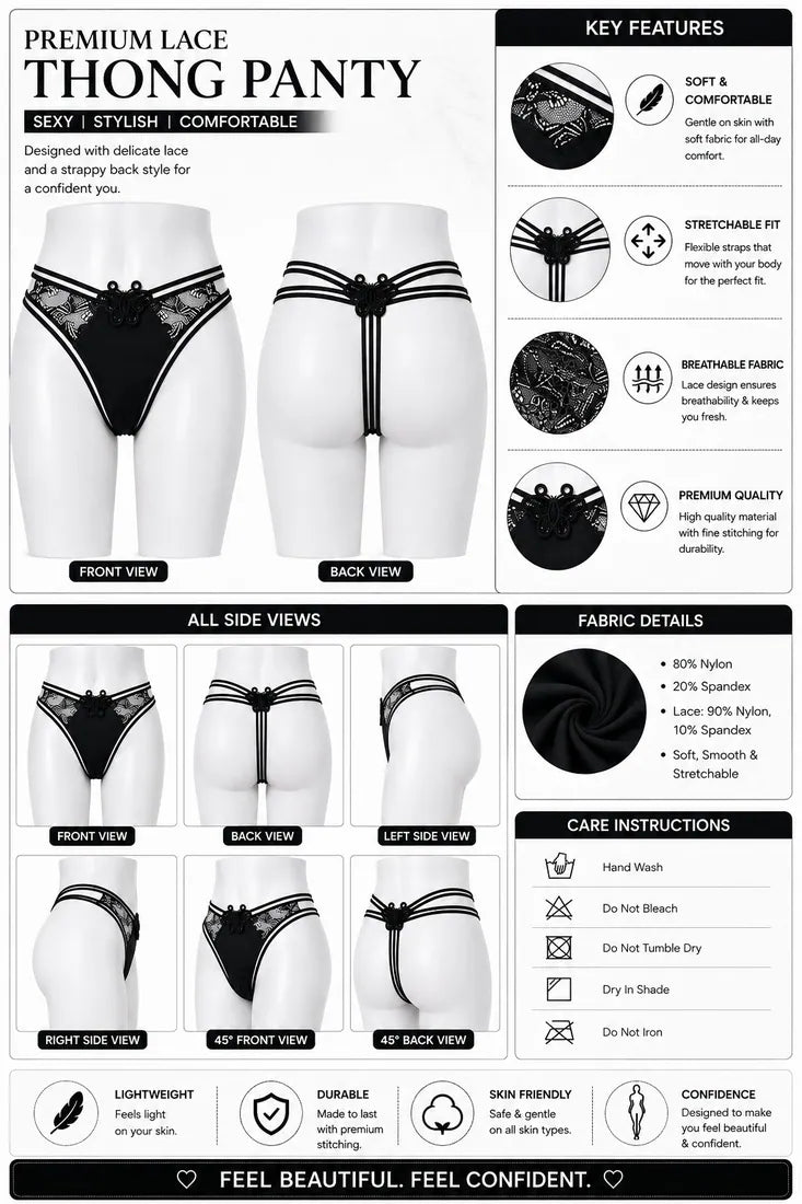 Butterfly Lace Applique Thong in Black, photo 3