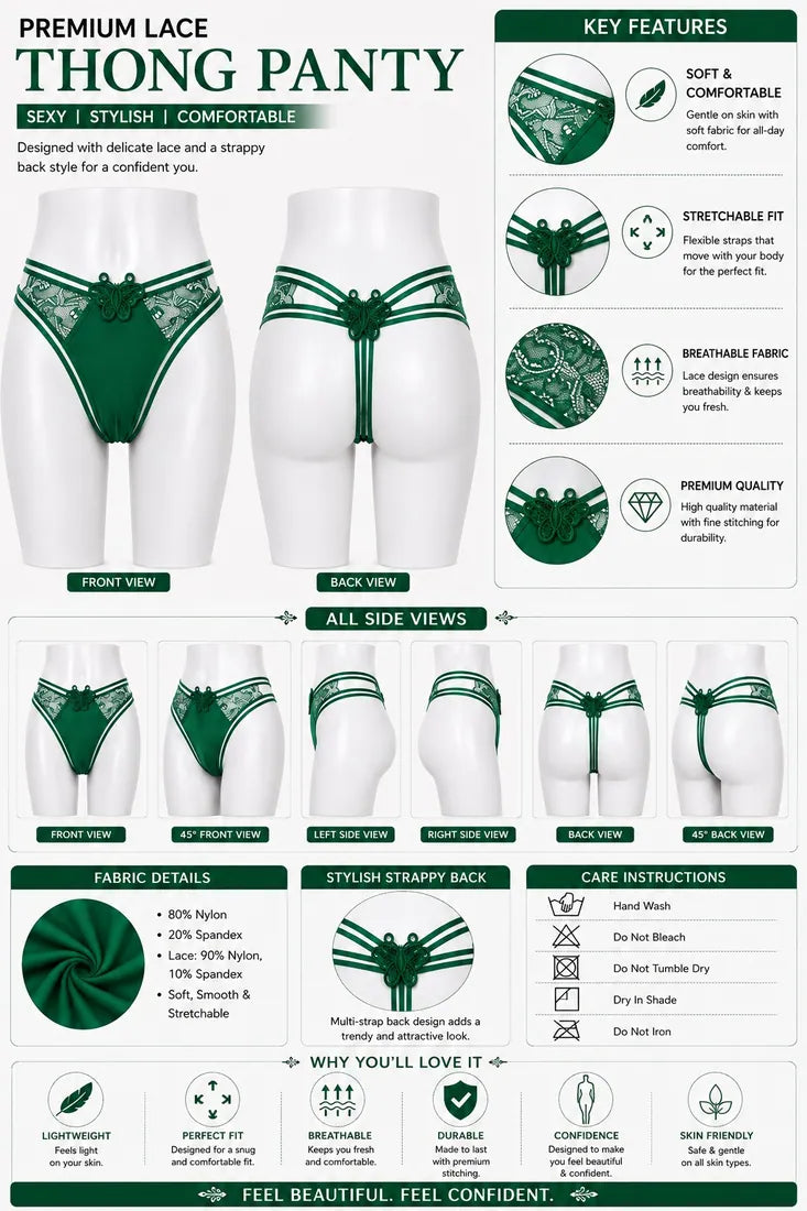 Butterfly Lace Applique Thong in Dark Green, photo 4