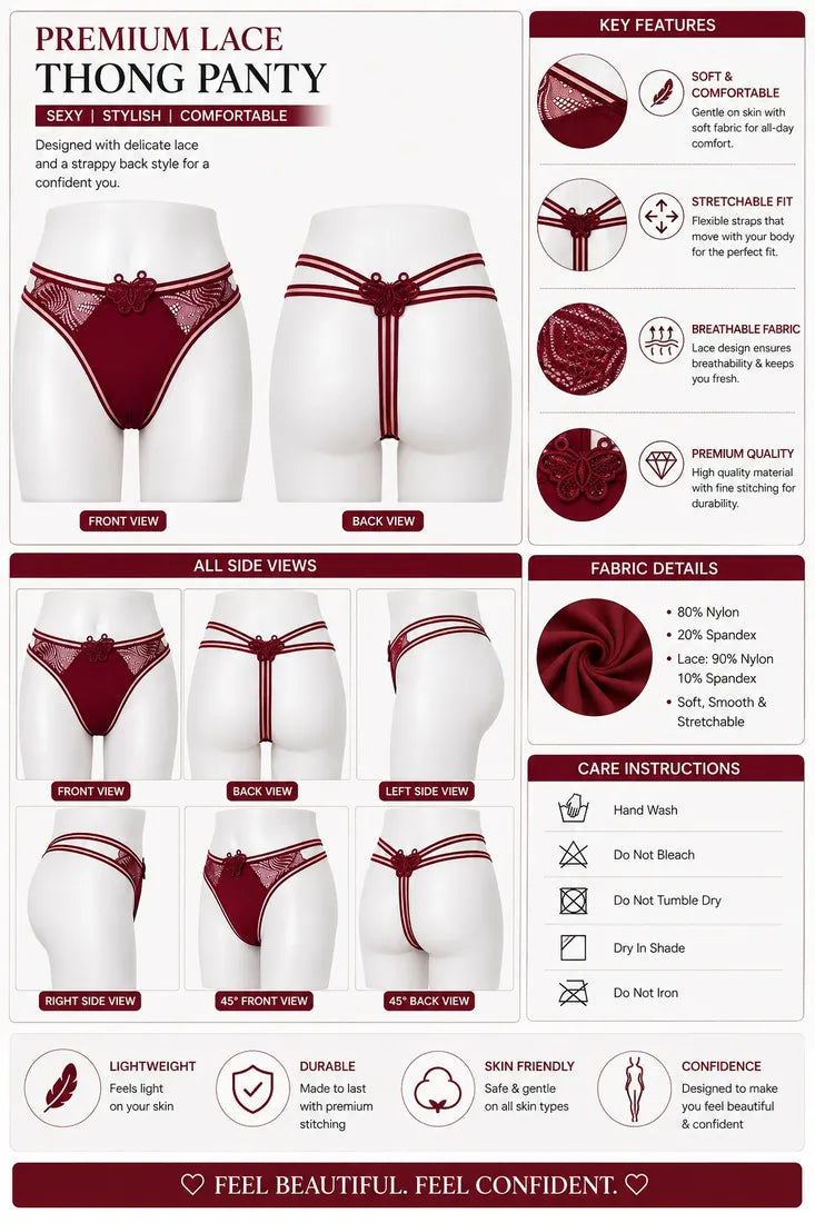 Butterfly Lace Applique Thong in Maroon, photo 3