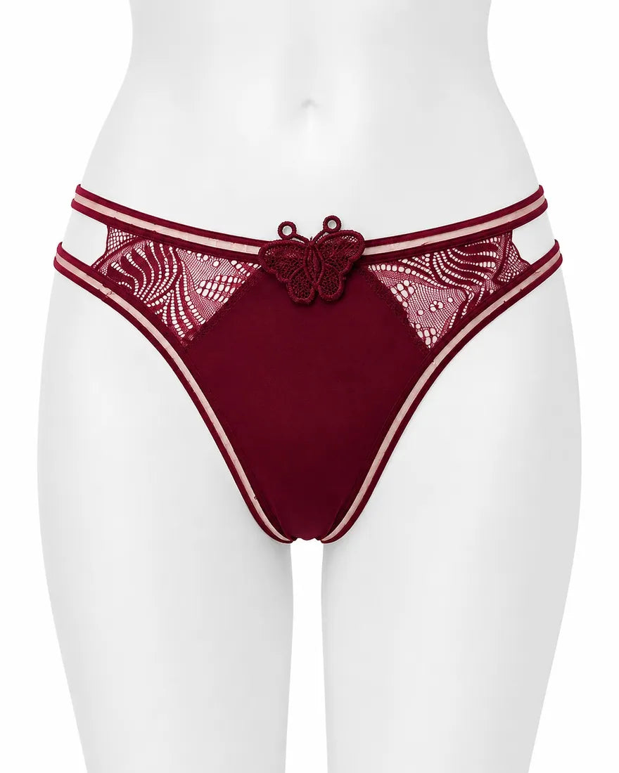 Butterfly Lace Applique Thong in Maroon, photo 1