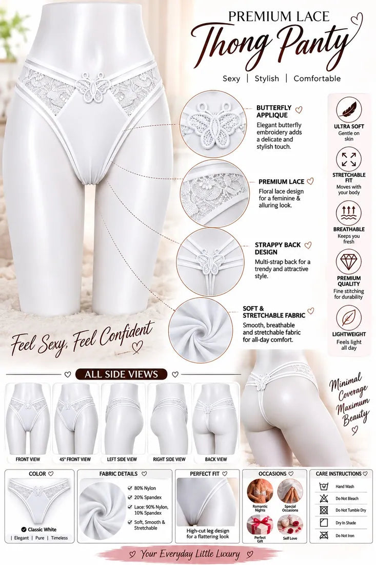 Butterfly Lace Applique Thong in White, photo 3