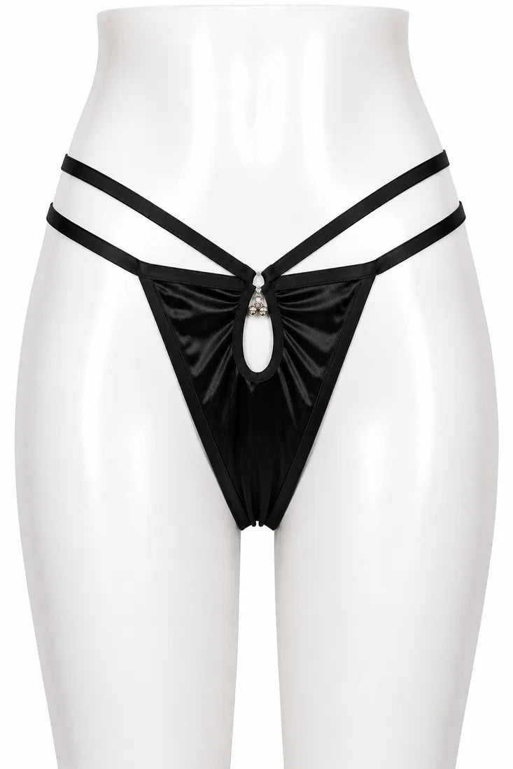 Minimalist Ring Strap Thong in Black, front view