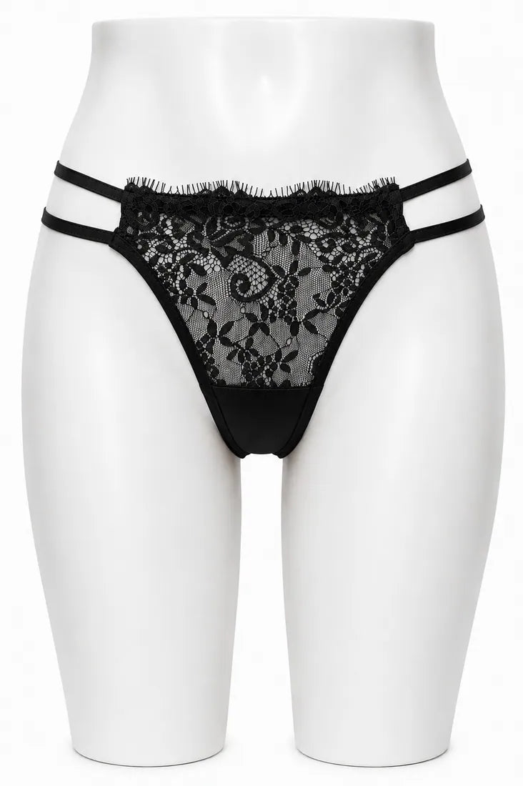 Classic Lace Double Strap Panty in Black, front view