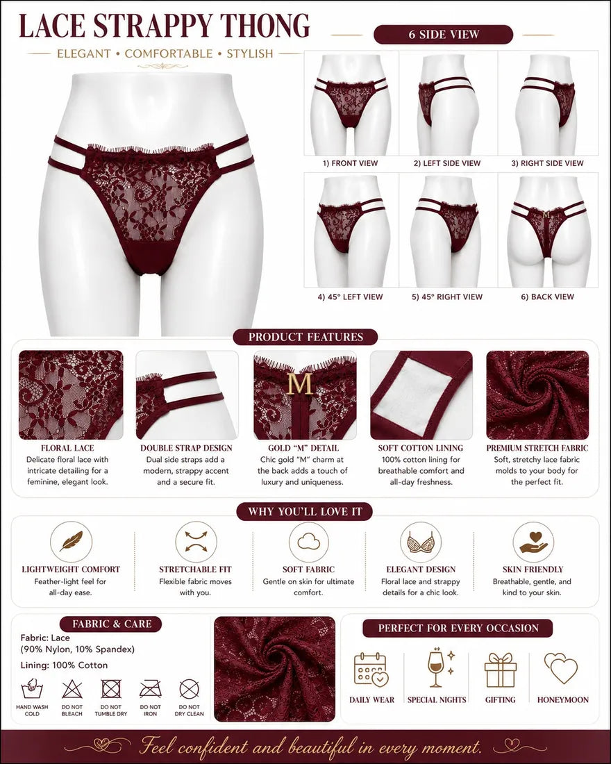 Classic Lace Double Strap Panty in Maroon, photo 3