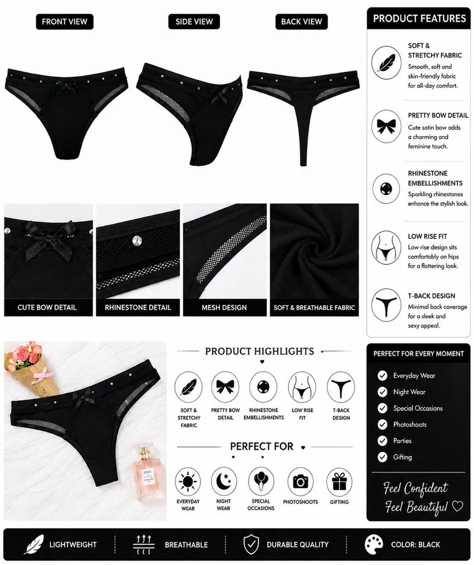 Diamante Strap Bow Thong in Black, photo 3