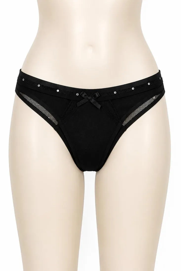 Diamante Strap Bow Thong in Black, front view