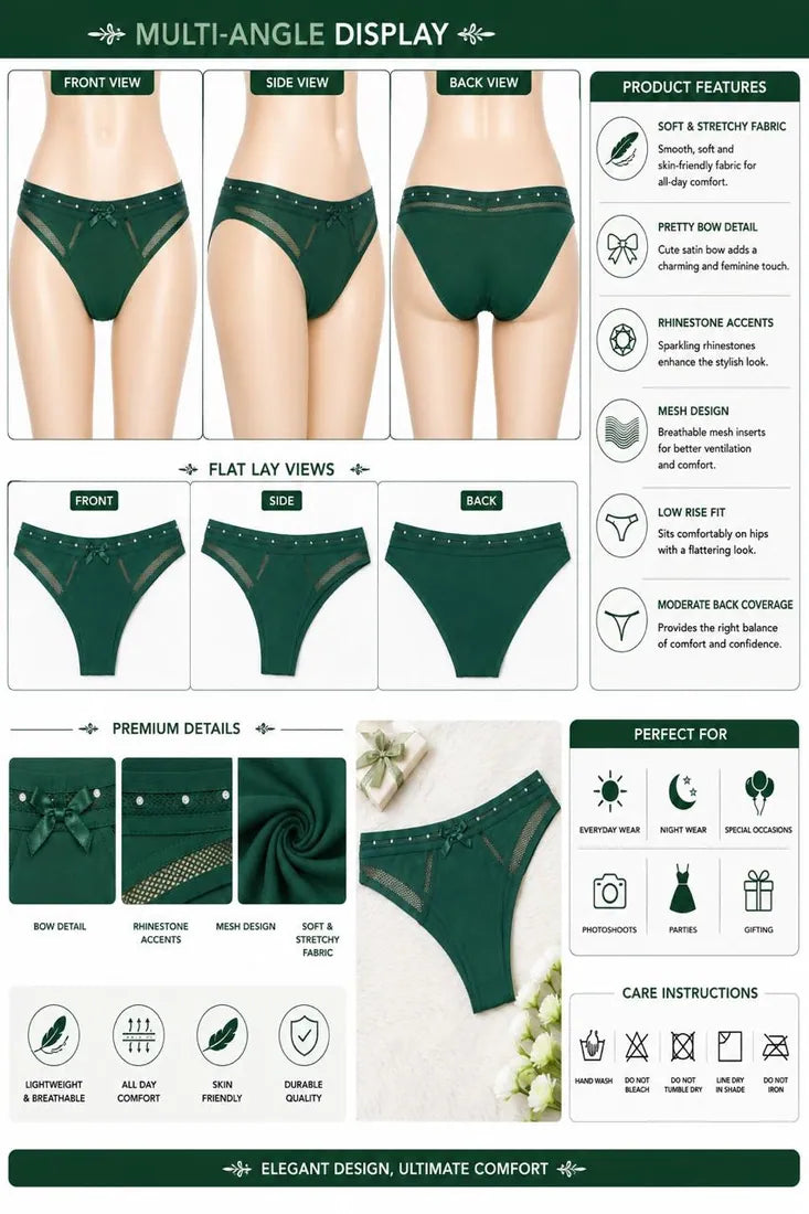 Diamante Strap Bow Thong in Dark Green, photo 3