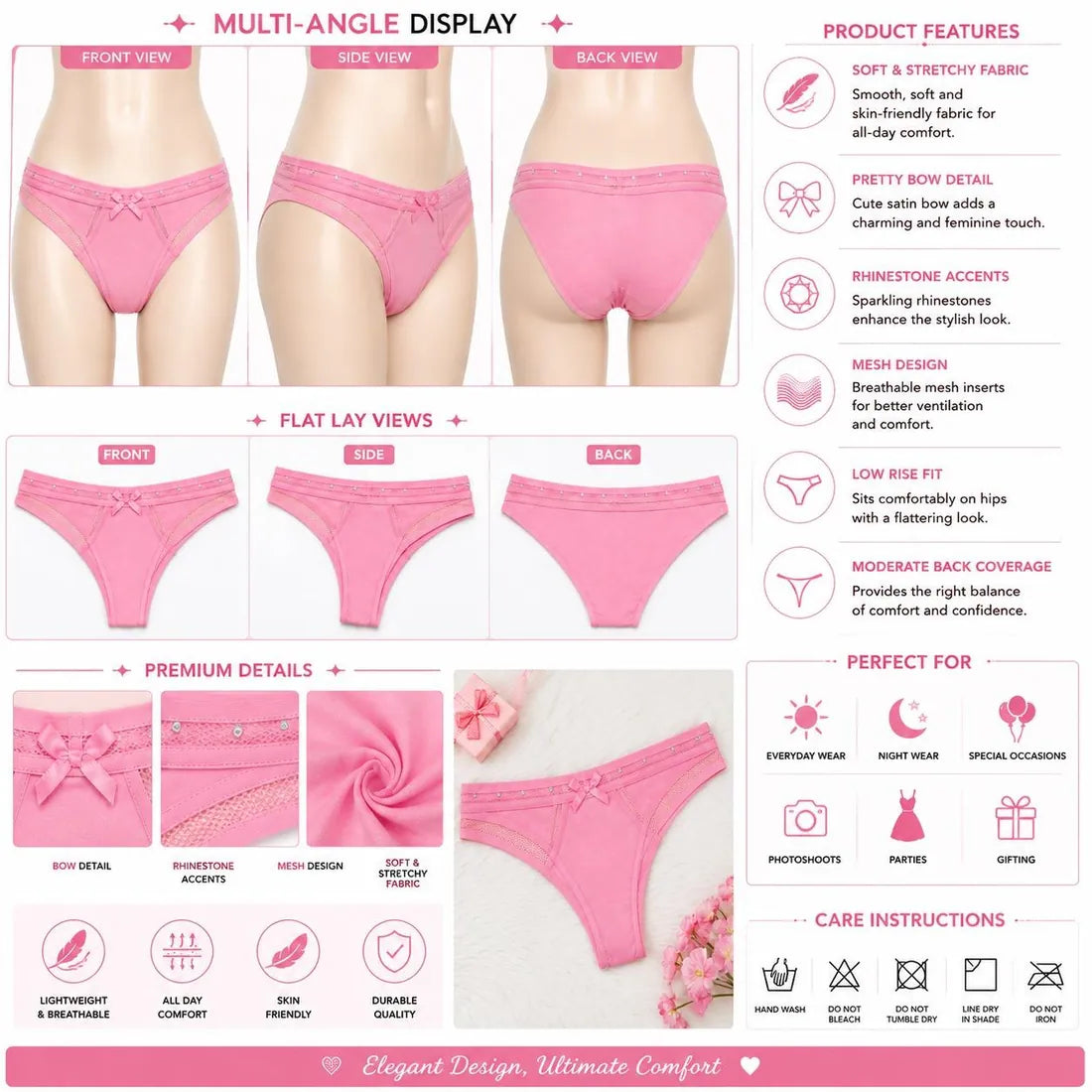 Diamante Strap Bow Thong in Light Pink, photo 3