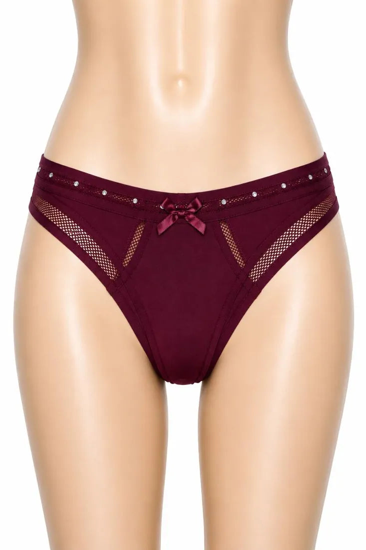 Diamante Strap Bow Thong in Maroon, front view