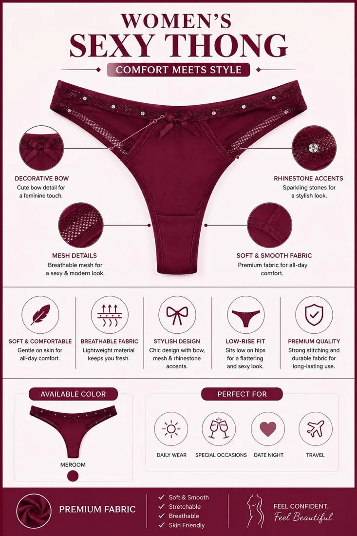 Diamante Strap Bow Thong in Maroon, photo 3