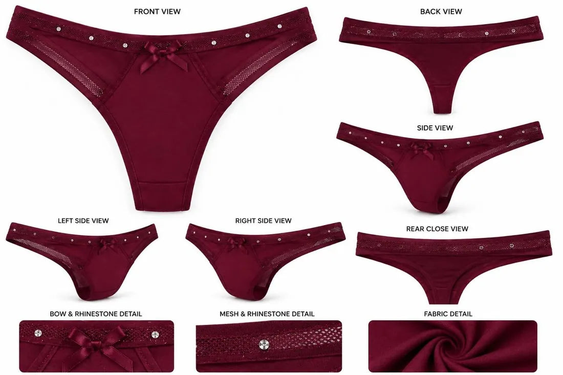 Diamante Strap Bow Thong in Maroon, photo 4