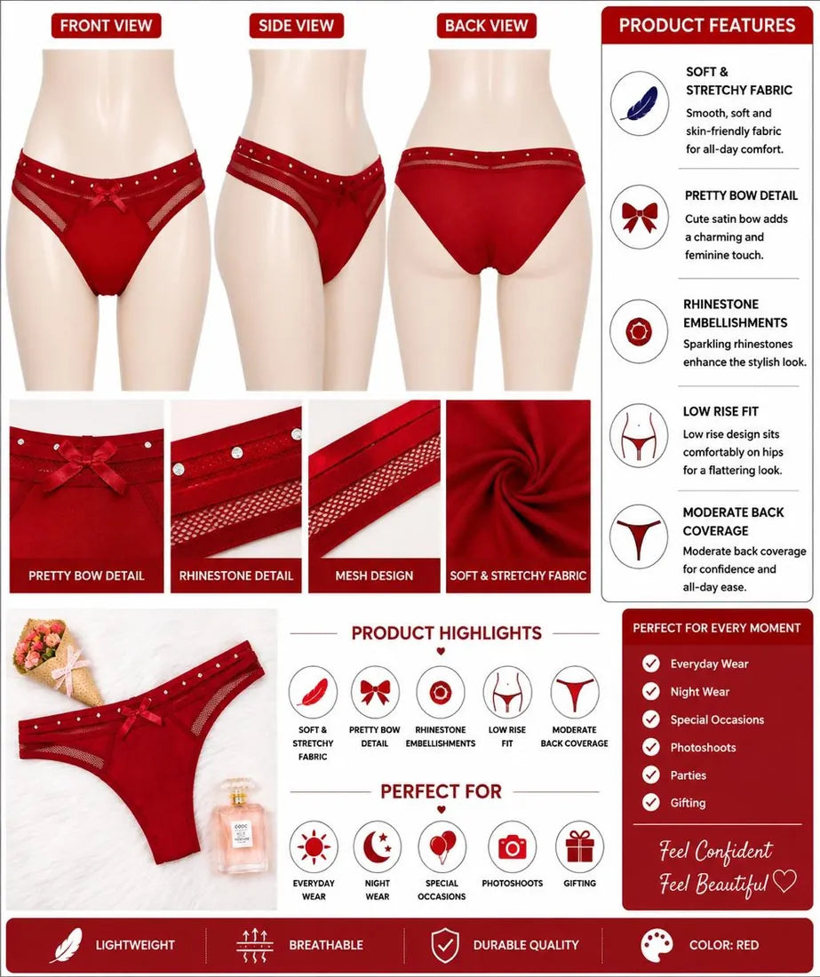 Diamante Strap Bow Thong in Red, photo 3