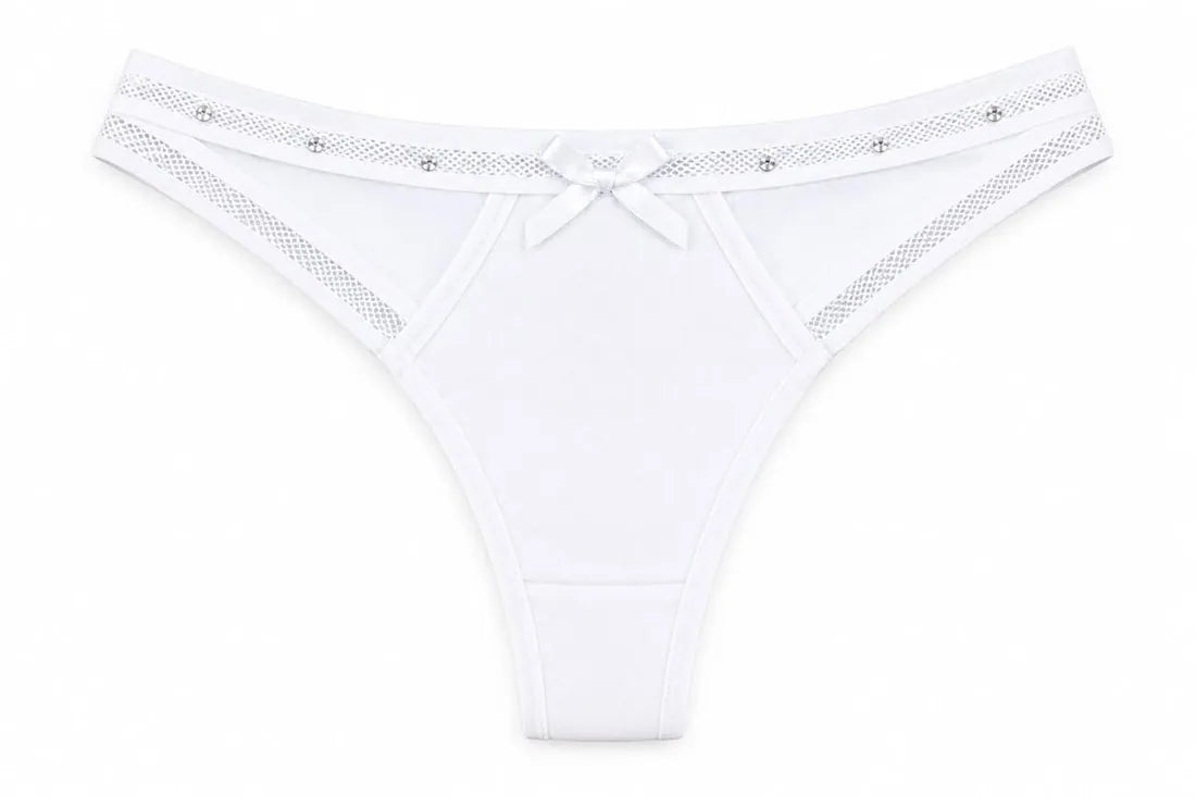 Diamante Strap Bow Thong in White, photo 3