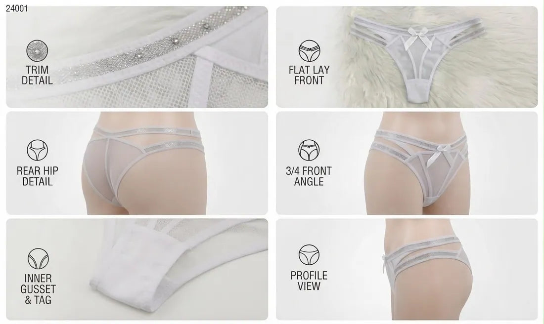 Diamante Strap Bow Thong in White, photo 4