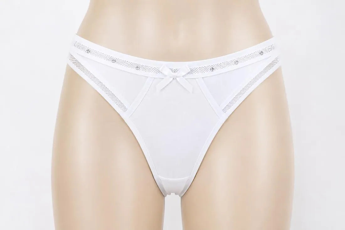 Diamante Strap Bow Thong in White, photo 1