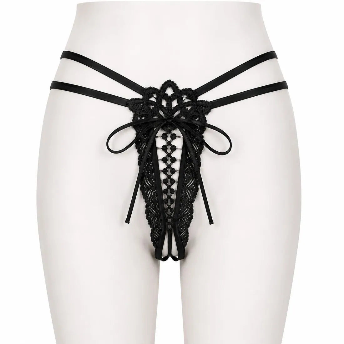Floral Mesh Lace Bow Panty in Black, front view