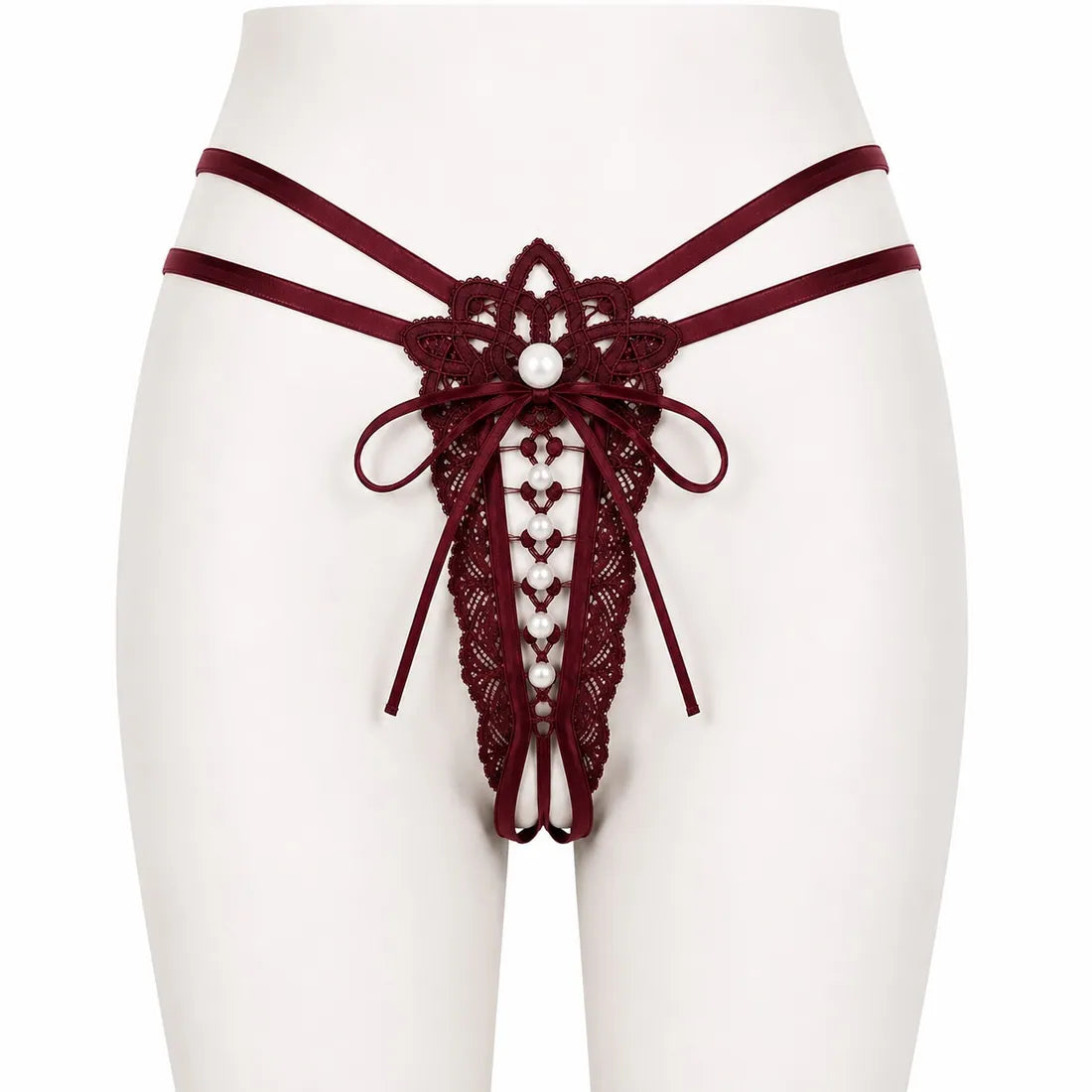 Floral Mesh Lace Bow Panty in Maroon, photo 1