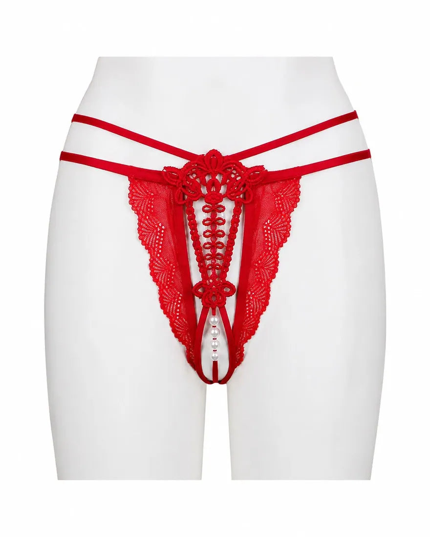 Floral Mesh Lace Bow Panty in Red, front view