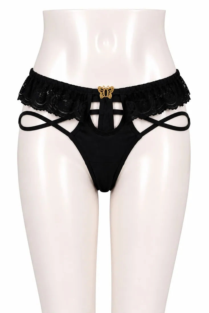 Strappy Lace Harness Thong in Black, front view