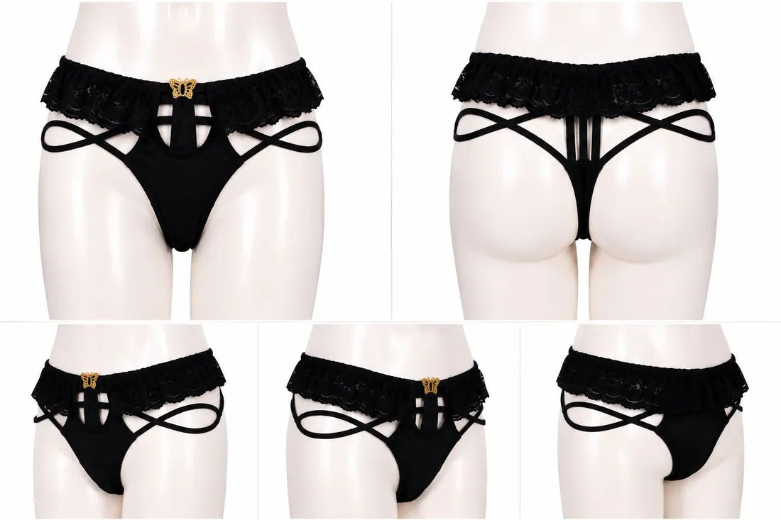 Strappy Lace Harness Thong in Black, photo 3
