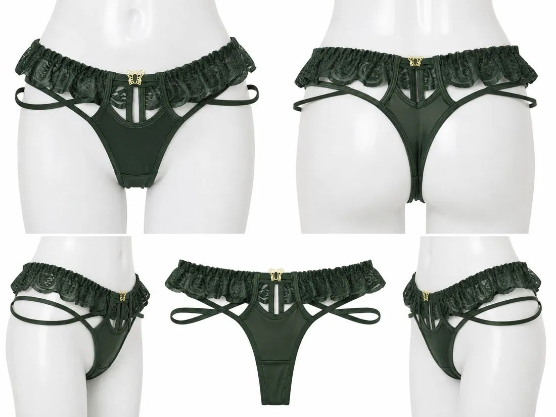 Strappy Lace Harness Thong in Dark Green, photo 3