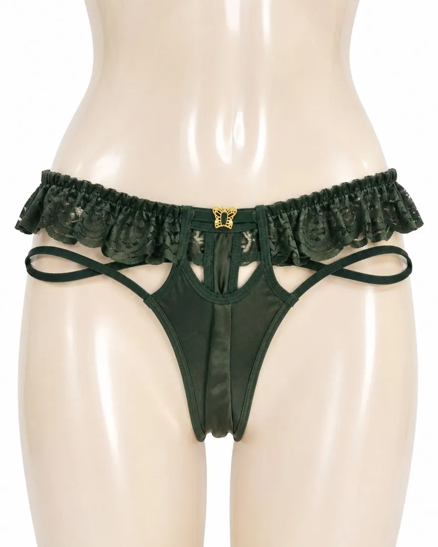 Strappy Lace Harness Thong in Dark Green, photo 1