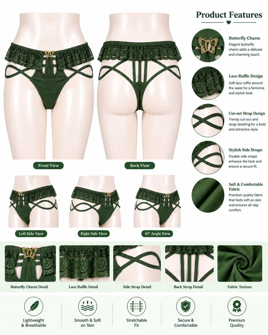 Strappy Lace Harness Thong in Dark Green, photo 4