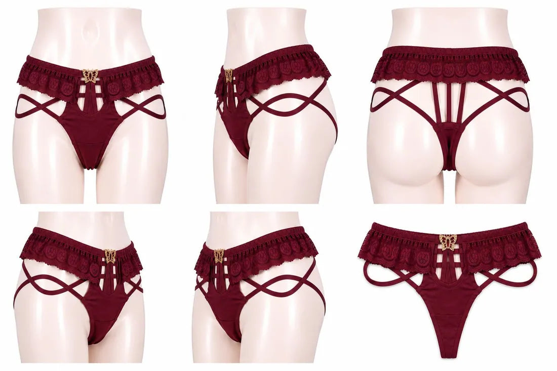 Strappy Lace Harness Thong in Maroon, photo 4