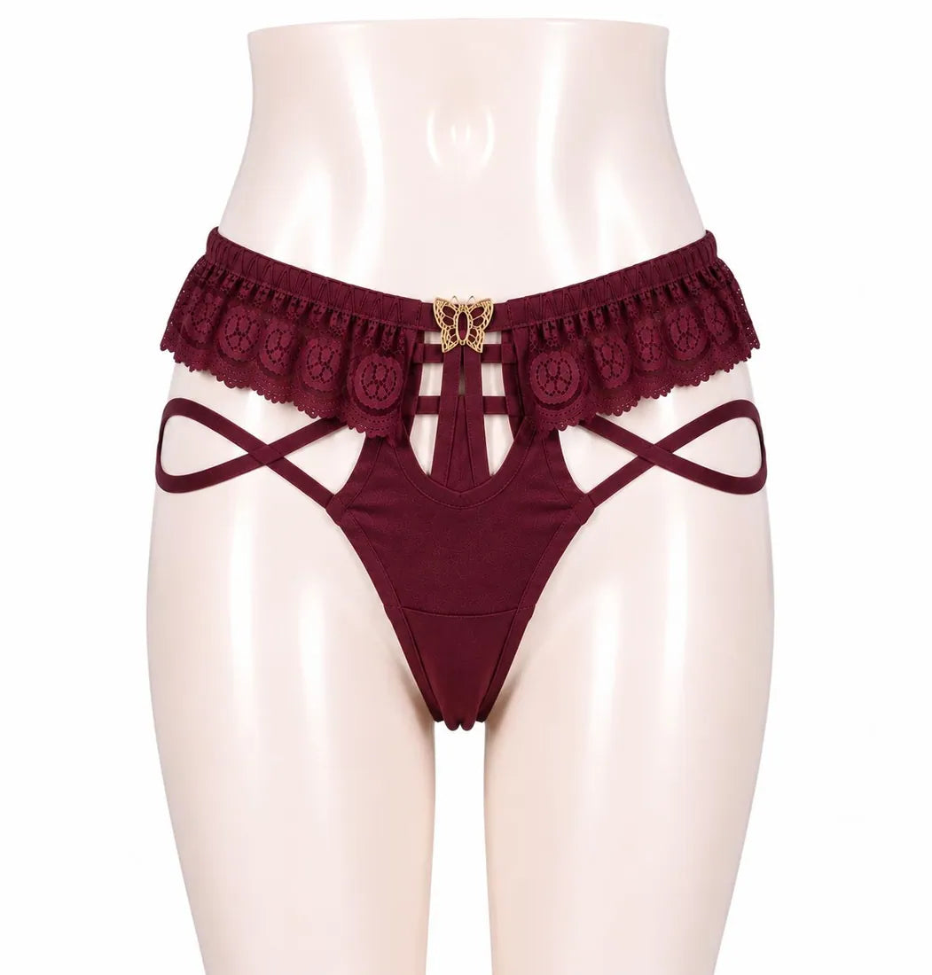 Strappy Lace Harness Thong in Maroon, photo 1