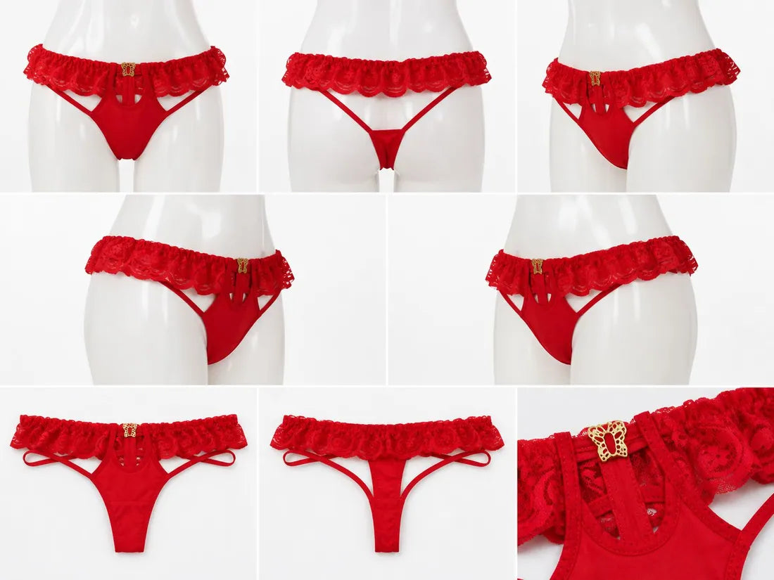 Strappy Lace Harness Thong in Red, photo 3