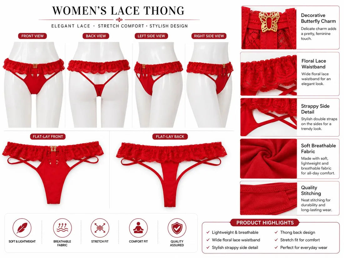 Strappy Lace Harness Thong in Red, photo 4