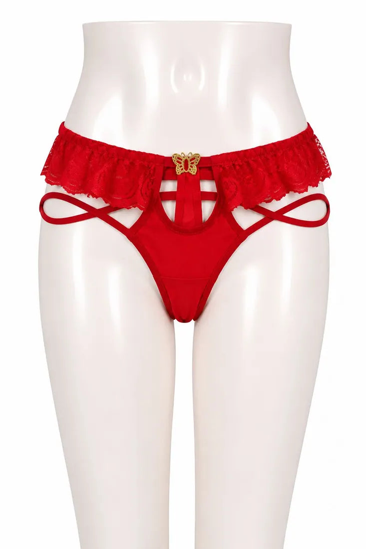 Strappy Lace Harness Thong in Red, photo 1