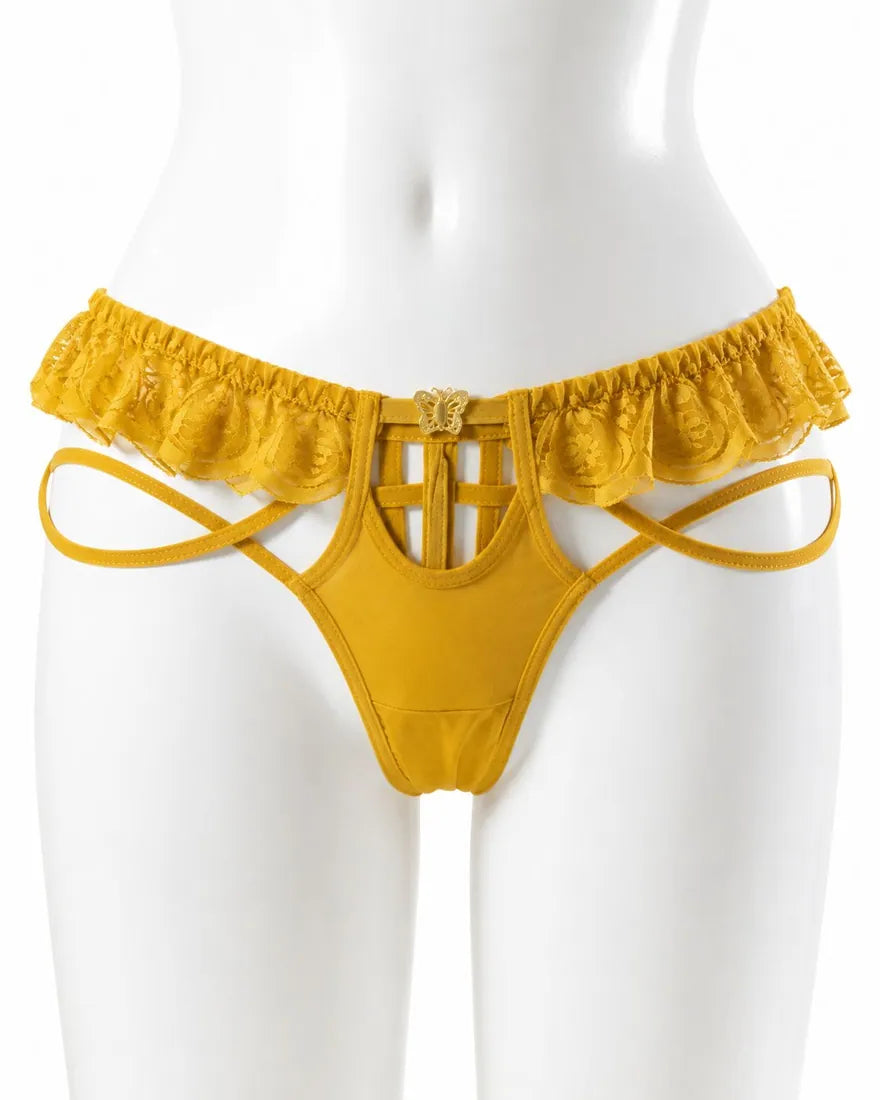 Strappy Lace Harness Thong in Yellow, front view