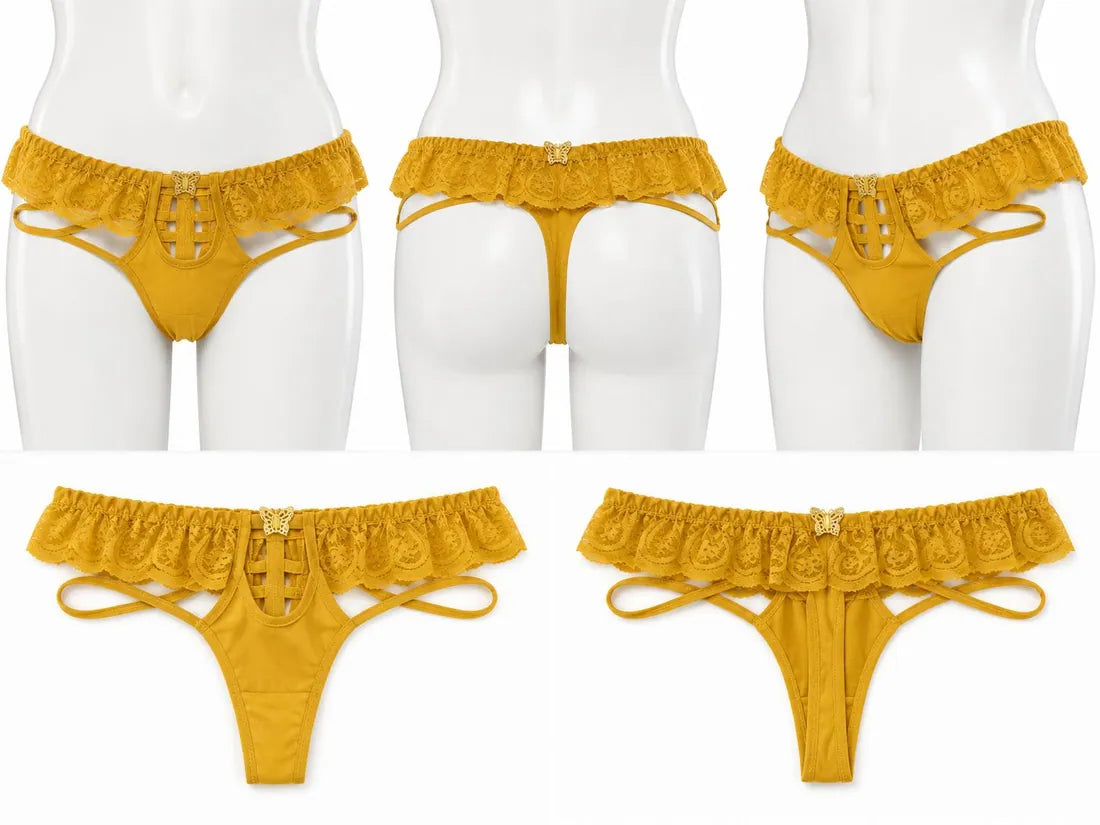 Strappy Lace Harness Thong in Yellow, photo 5