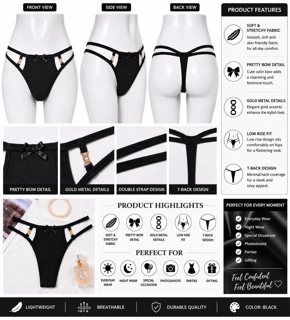 Ruffled Lace Crisscross Thong in Black, photo 4