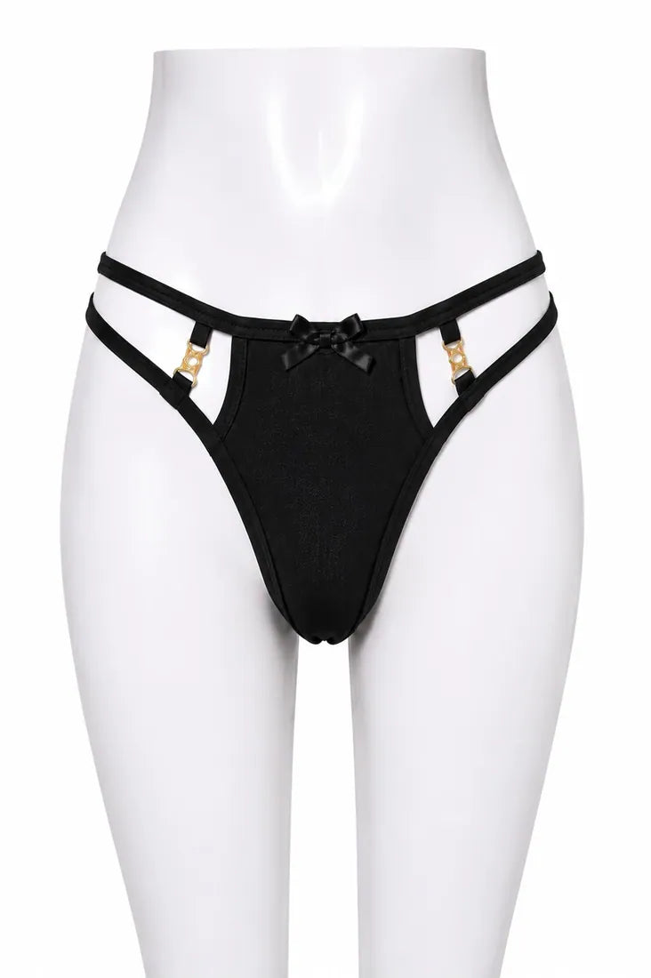 Ruffled Lace Crisscross Thong in Black, front view
