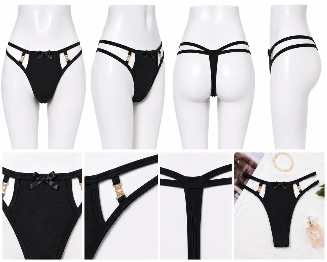 Ruffled Lace Crisscross Thong in Black, photo 3