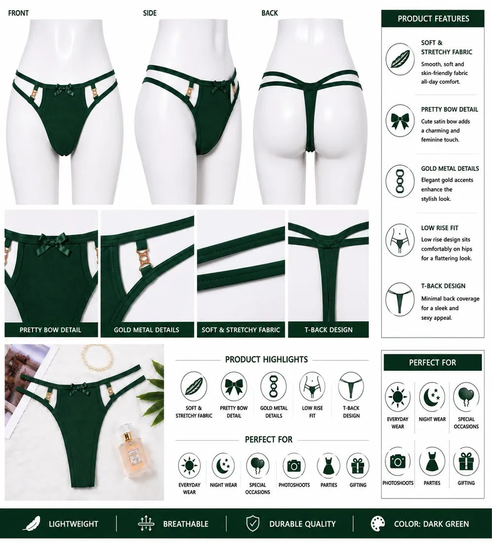 Ruffled Lace Crisscross Thong in Dark Green, photo 4