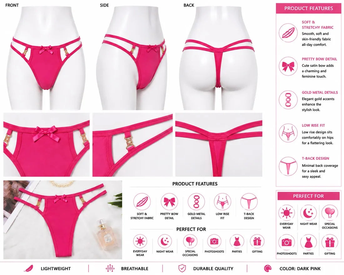 Ruffled Lace Crisscross Thong in Dark Pink, photo 4