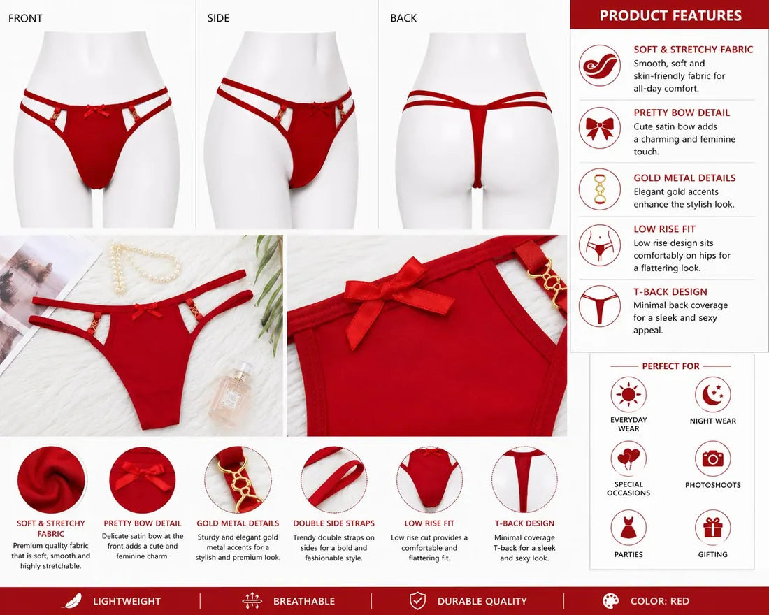 Ruffled Lace Crisscross Thong in Red, photo 3