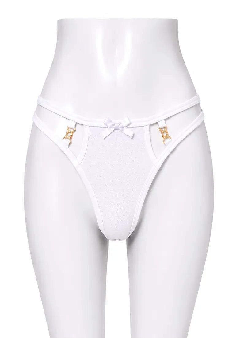 Ruffled Lace Crisscross Thong in White, front view