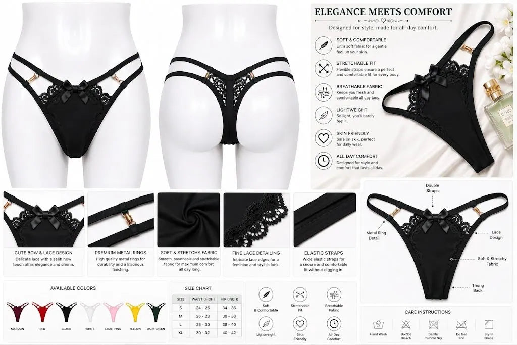 Crisscross Lace Back Thong in Black, photo 3