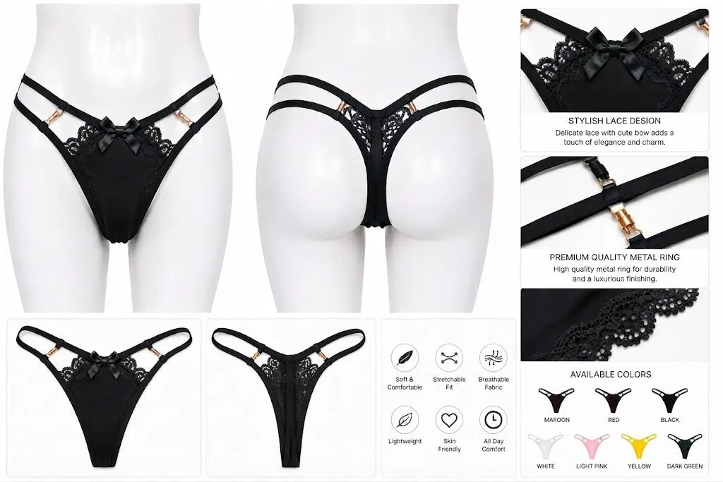 Crisscross Lace Back Thong in Black, photo 4