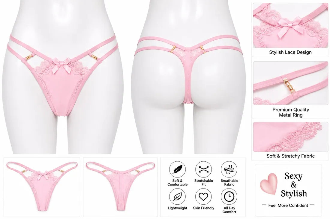 Crisscross Lace Back Thong in Light Pink, photo 3