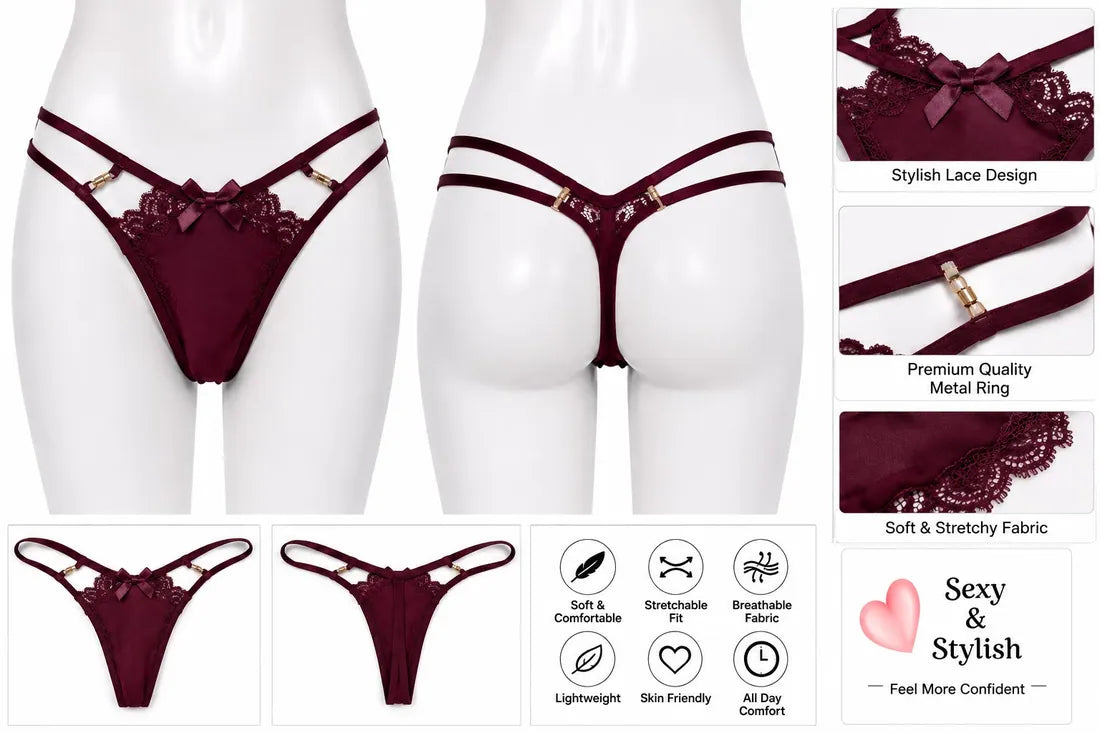 Crisscross Lace Back Thong in Maroon, photo 3