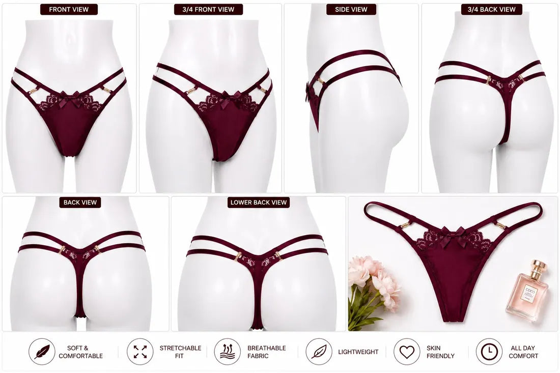 Crisscross Lace Back Thong in Maroon, photo 4