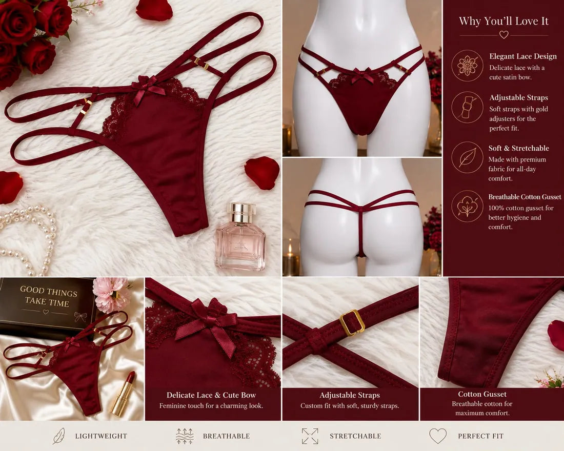 Crisscross Lace Back Thong in Maroon, photo 2