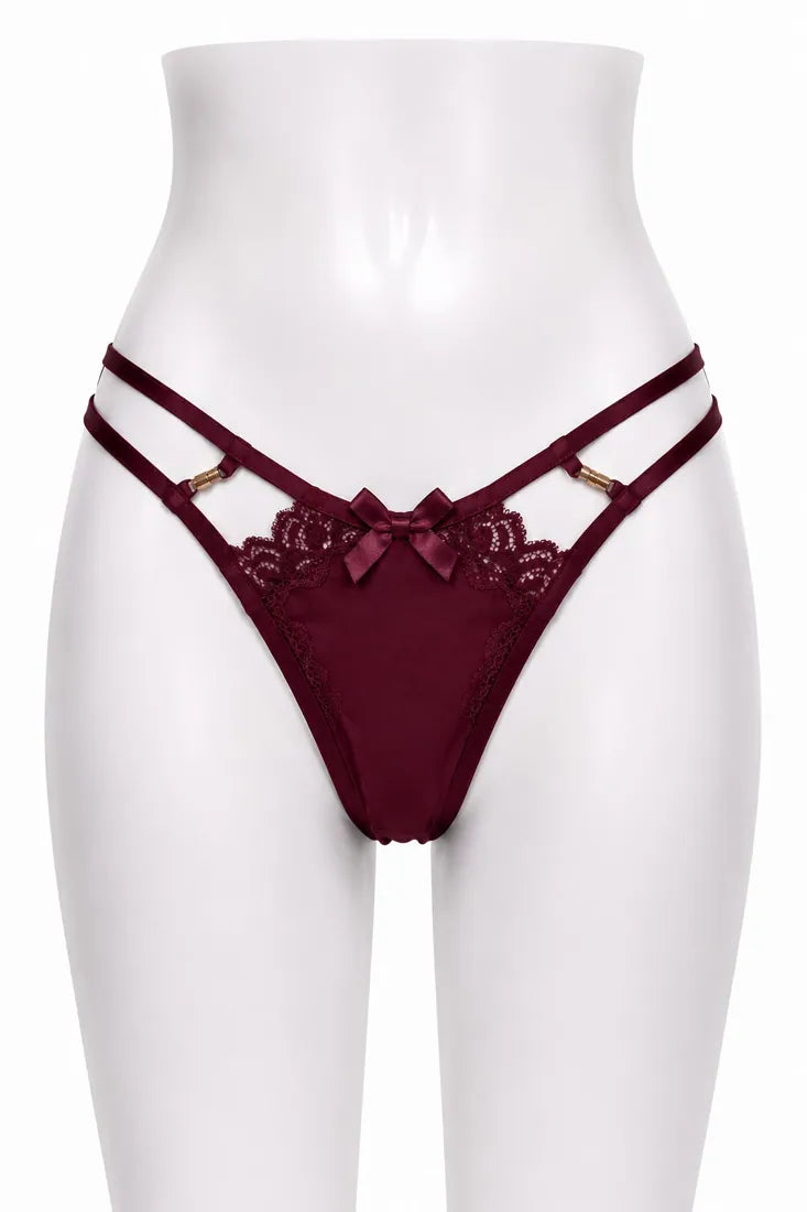 Crisscross Lace Back Thong in Maroon, front view